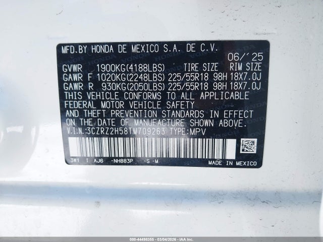 3CZRZ2H58TM709263 Honda Hr-v Awd Sport
