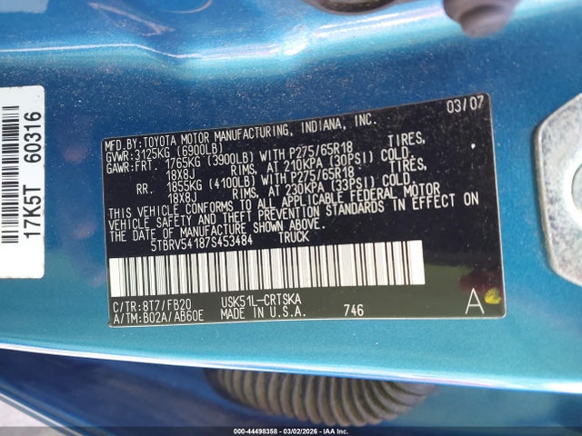 Aukcja sprzedaży 2007 Toyota Tundra Sr5 V8, vin: 5TBRV54187S453484, numer aukcji: 44498358