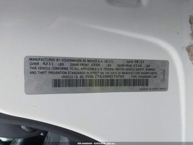 44498409 :رقم المزاد ، 3VWLZ7AJ3BM379799 vin ، 2011 Volkswagen Jetta 2.5l Sel مزاد بيع