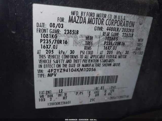 2004 Mazda Tribute Lx V6 მანქანა იყიდება აუქციონზე, vin: 4F2YZ94104KM12056, აუქციონის ნომერი: 44498425