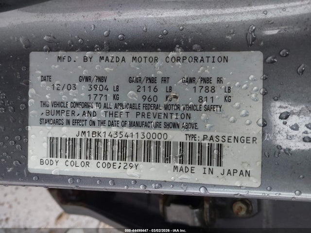 44498447 :رقم المزاد ، JM1BK143541130000 vin ، 2004 Mazda Mazda3 S مزاد بيع