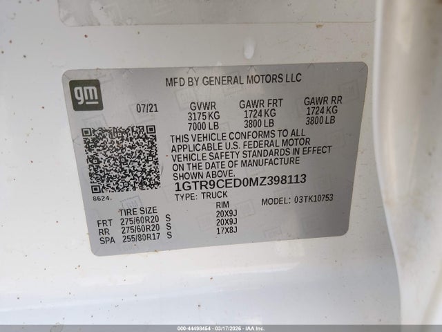 Продаж на аукціоні авто 2021 Gmc Sierra 1500 4wd  Standard Box Elevation, vin: 1GTR9CED0MZ398113, номер лоту: 44498454