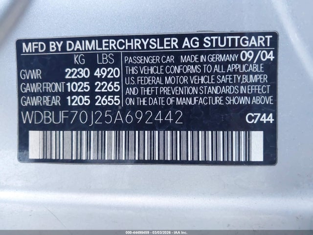 44498459 :رقم المزاد ، WDBUF70J25A692442 vin ، 2005 Mercedes-benz E 500 مزاد بيع