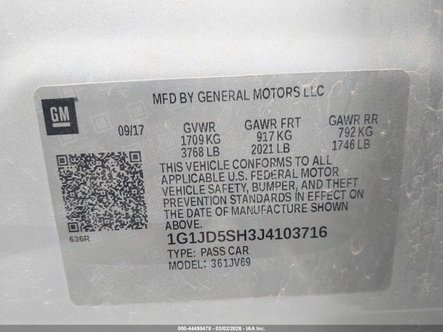 1G1JD5SH3J4103716 Chevrolet Sonic Lt Auto