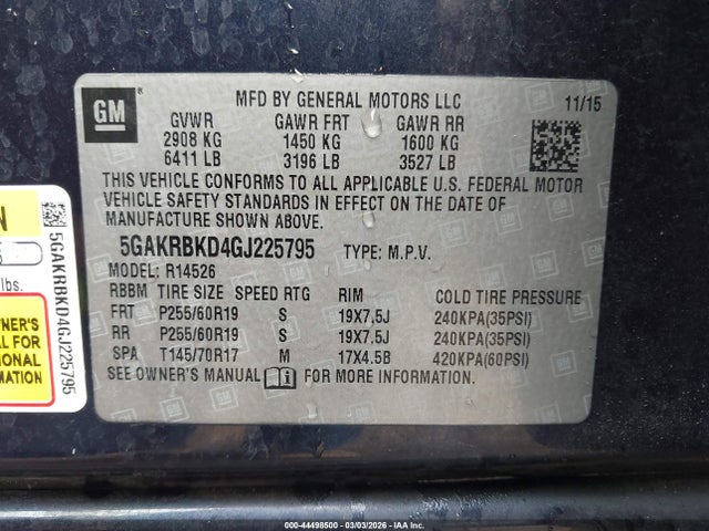 Продаж на аукціоні авто 2016 Buick Enclave Leather, vin: 5GAKRBKD4GJ225795, номер лоту: 44498500