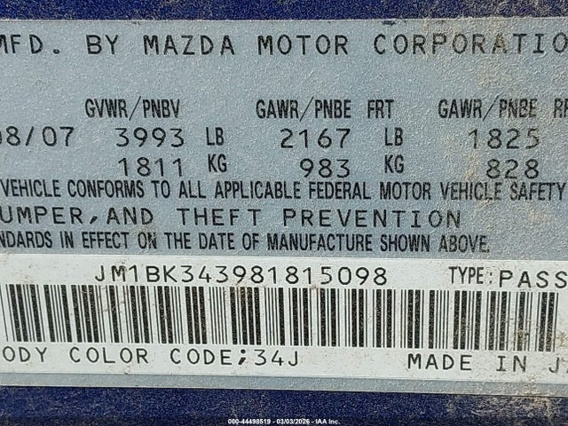 44498519 :رقم المزاد ، JM1BK343981815098 vin ، 2008 Mazda Mazda3 S Touring مزاد بيع