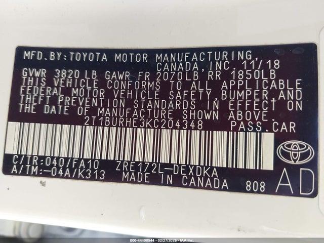 2T1BURHE3KC204348 Toyota COROLLA L
