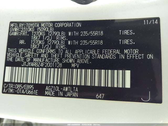 44498550 :رقم المزاد ، JTJYARBZ4F2001128 vin ، 2015 Lexus Nx 200t F Sport مزاد بيع