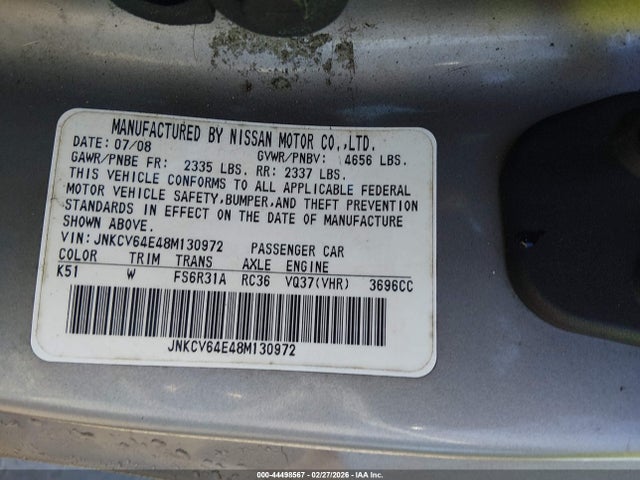 44498567 :رقم المزاد ، JNKCV64E48M130972 vin ، 2008 Infiniti G37 Sport مزاد بيع