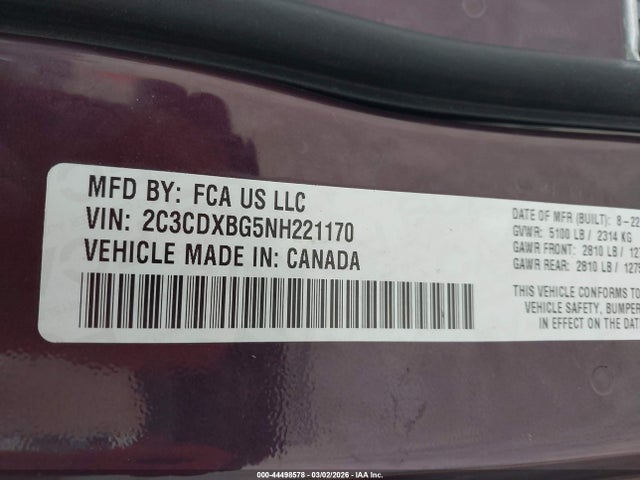 44498578 :رقم المزاد ، 2C3CDXBG5NH221170 vin ، 2022 Dodge Charger Sxt Rwd مزاد بيع
