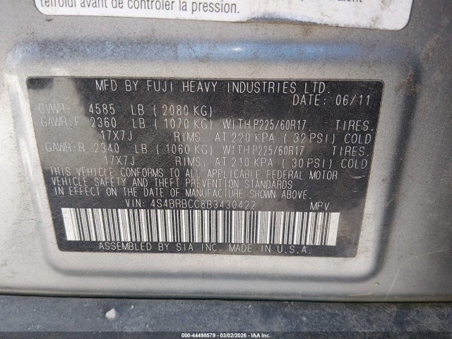 Aukcja sprzedaży 2011 Subaru Outback 2.5i Premium, vin: 4S4BRBCC8B3430422, numer aukcji: 44498579