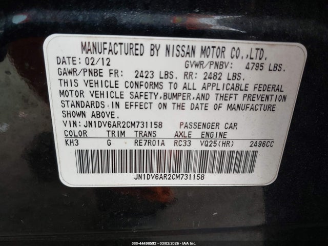 Aukcja sprzedaży 2012 Infiniti G25x, vin: JN1DV6AR2CM731158, numer aukcji: 44498592
