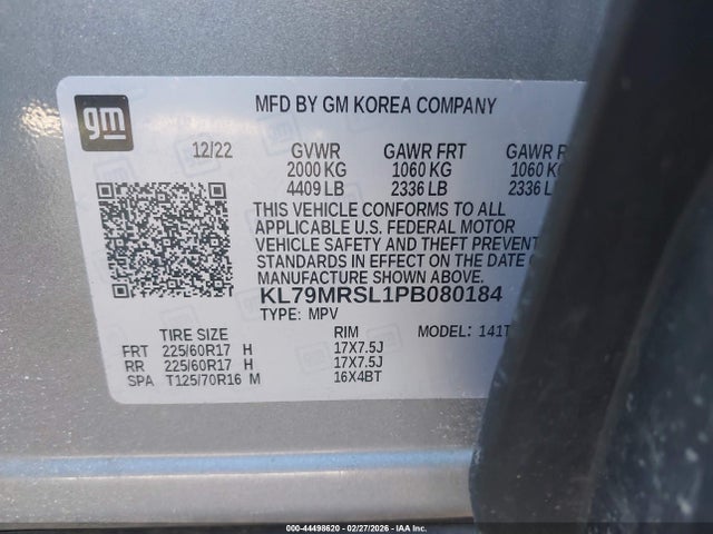 2023 Chevrolet Trailblazer Awd Lt მანქანა იყიდება აუქციონზე, vin: KL79MRSL1PB080184, აუქციონის ნომერი: 44498620