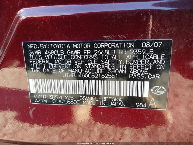 Продажа на аукционе авто 2008 Lexus Es 350, vin: JTHBJ46G082162551, номер лота: 44498623