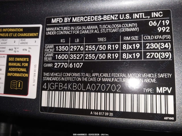 Продаж на аукціоні авто 2020 Mercedes-benz Gle 350 4matic, vin: 4JGFB4KB0LA070702, номер лоту: 44498633