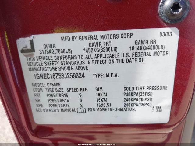 2003 CHEVROLET SUBURBAN 1500 1GNEC16Z53J259324 Photo 8