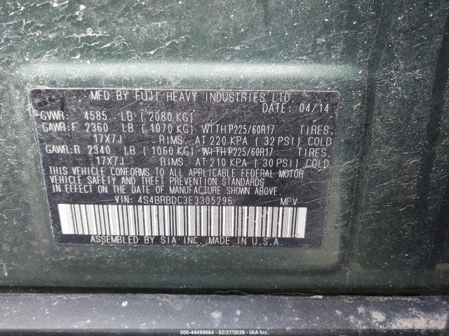 44498664 :رقم المزاد ، 4S4BRBDC3E3305296 vin ، 2014 Subaru Outback 2.5i Premium مزاد بيع