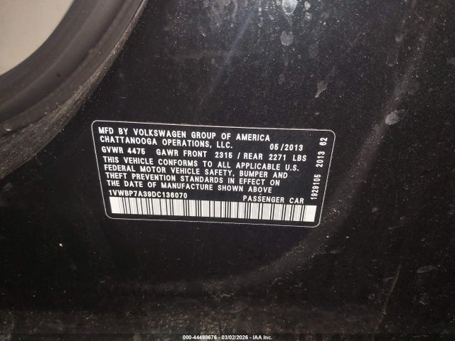 44498676 :رقم المزاد ، 1VWBP7A39DC136070 vin ، 2013 Volkswagen Passat 2.5l Se مزاد بيع