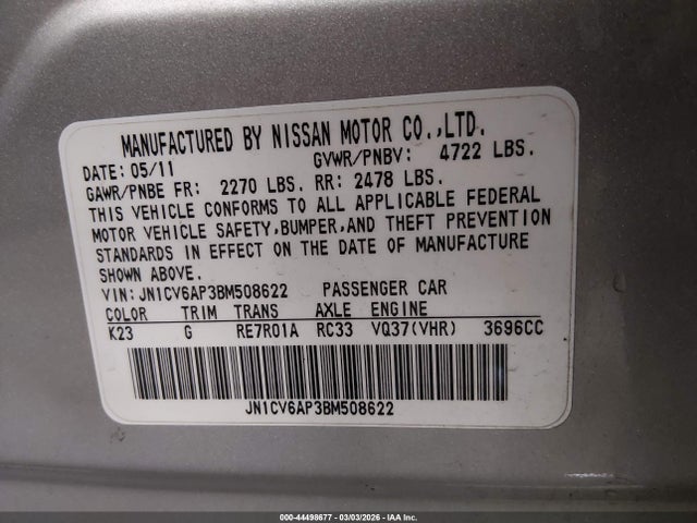 44498677 :رقم المزاد ، JN1CV6AP3BM508622 vin ، 2011 Infiniti G37 Journey مزاد بيع