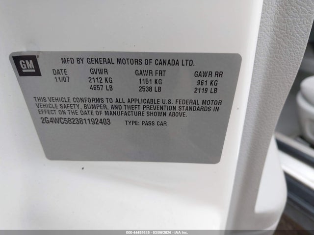 2008 Buick Lacrosse Cx მანქანა იყიდება აუქციონზე, vin: 2G4WC582381192403, აუქციონის ნომერი: 44498685