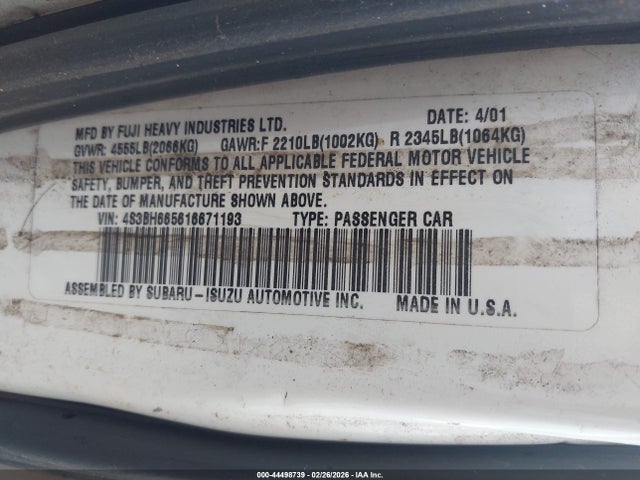 Aukcja sprzedaży 2001 Subaru Outback, vin: 4S3BH665616671193, numer aukcji: 44498739