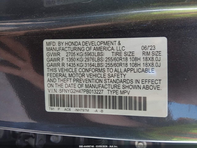 2023 Honda Pilot 2wd Ex-l 8 Passenger მანქანა იყიდება აუქციონზე, vin: 5FNYG2H47PB013227, აუქციონის ნომერი: 44498746