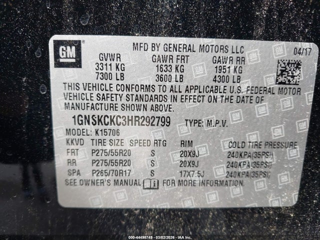 Aukcja sprzedaży 2017 Chevrolet Tahoe Premier, vin: 1GNSKCKC3HR292799, numer aukcji: 44498749