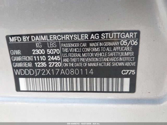 Aukcja sprzedaży 2007 Mercedes-benz Cls 550, vin: WDDDJ72X17A080114, numer aukcji: 44498753