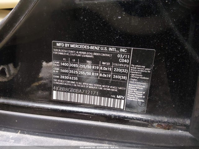 Aukcja sprzedaży 2011 Mercedes-benz Ml 350 4matic, vin: 4JGBB8GB0BA712171, numer aukcji: 44498758