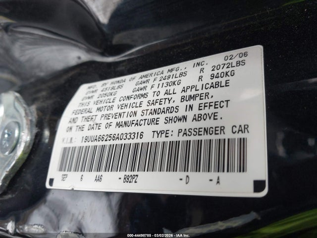 44498785 :رقم المزاد ، 19UUA66256A033316 vin ، 2006 Acura Tl مزاد بيع