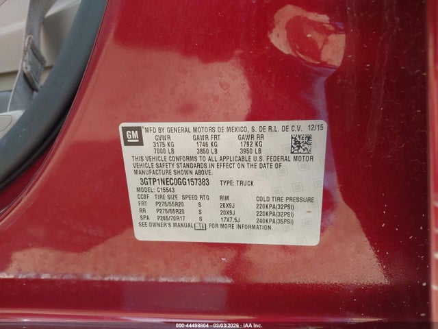44498804 :رقم المزاد ، 3GTP1NEC0GG157383 vin ، 2016 Gmc Sierra 1500 Slt مزاد بيع
