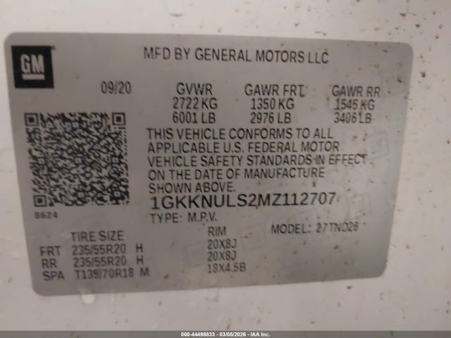 44498833 :رقم المزاد ، 1GKKNULS2MZ112707 vin ، 2021 Gmc Acadia Awd Slt مزاد بيع