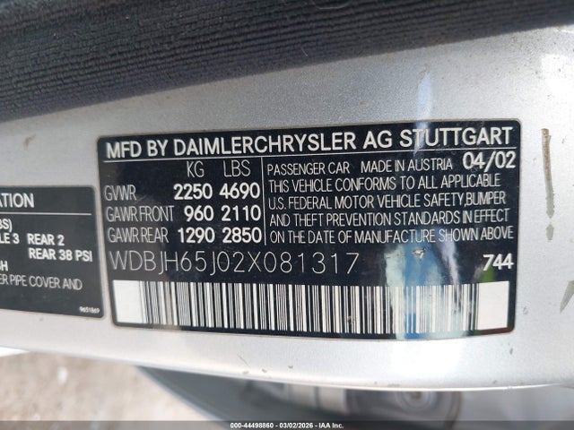 Aukcja sprzedaży 2002 Mercedes-benz E 320, vin: WDBJH65J02X081317, numer aukcji: 44498860