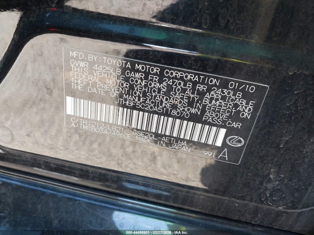 44498901 :رقم المزاد ، JTHBF5C20A5118070 vin ، 2010 Lexus Is 250 مزاد بيع