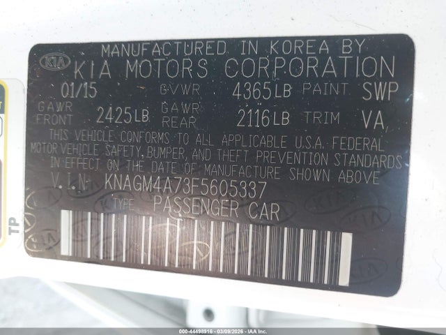 Продажа на аукционе авто 2015 Kia Optima Lx, vin: KNAGM4A73F5605337, номер лота: 44498916