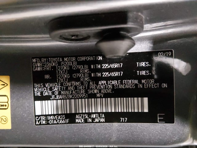 Aukcja sprzedaży 2019 Lexus Nx 300, vin: JTJBARBZ8K2209951, numer aukcji: 44498917
