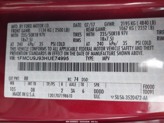 Ford Escape Titanium 2017 1FMCU9J93HUE74995 Image 9