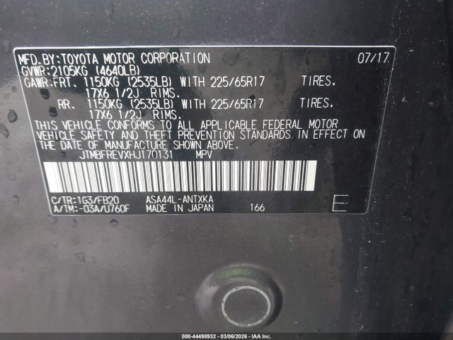 44498932 :رقم المزاد ، JTMBFREVXHJ170131 vin ، 2017 Toyota Rav4 Le مزاد بيع