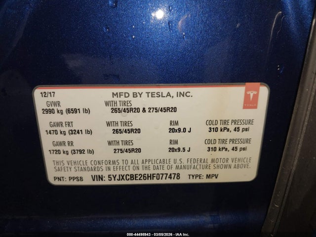 Продаж на аукціоні авто 2017 Tesla Model X 100d/75d/90d, vin: 5YJXCBE26HF077478, номер лоту: 44498943