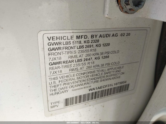 Aukcja sprzedaży 2020 Audi Q3 Premium 45 Tfsi Quattro Tiptronic, vin: WA1AECF31L1075954, numer aukcji: 44498947