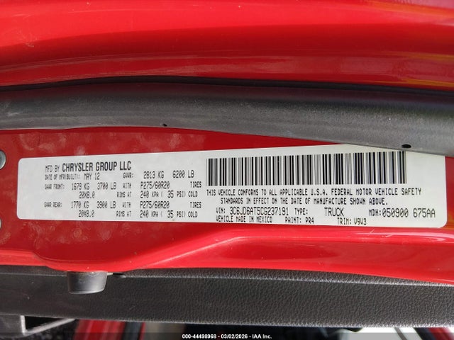 Aukcja sprzedaży 2012 Ram 1500 St, vin: 3C6JD6AT5CG237191, numer aukcji: 44498968