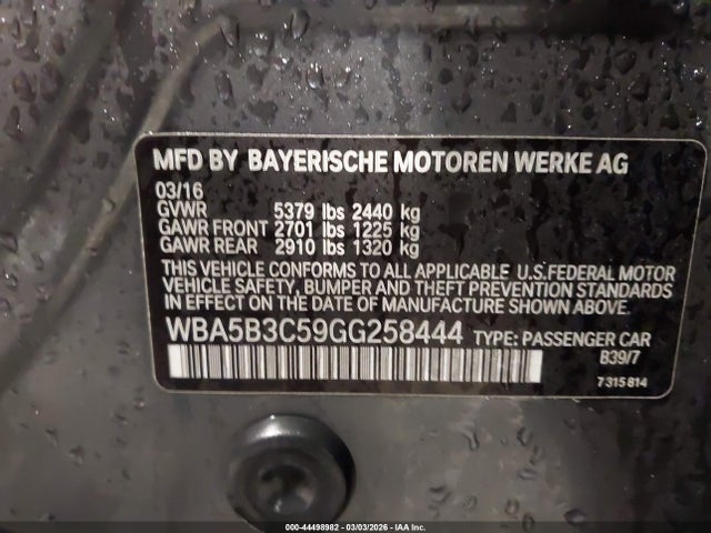 44498982 :رقم المزاد ، WBA5B3C59GG258444 vin ، 2016 Bmw 535i Xdrive مزاد بيع