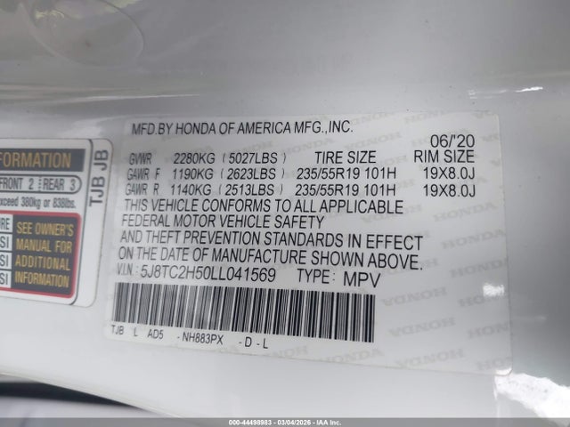 44498983 :رقم المزاد ، 5J8TC2H50LL041569 vin ، 2020 Acura Rdx Technology Package مزاد بيع