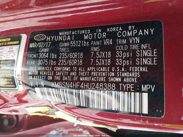 KM8SN4HF4HU248388 Hyundai Santa Fe Se