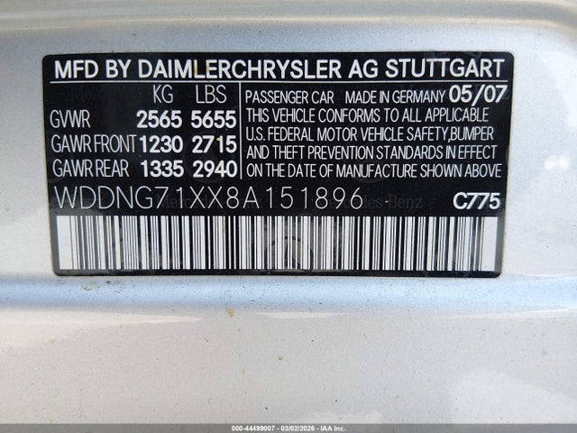 2008 Mercedes-benz S 550 მანქანა იყიდება აუქციონზე, vin: WDDNG71XX8A151896, აუქციონის ნომერი: 44499007