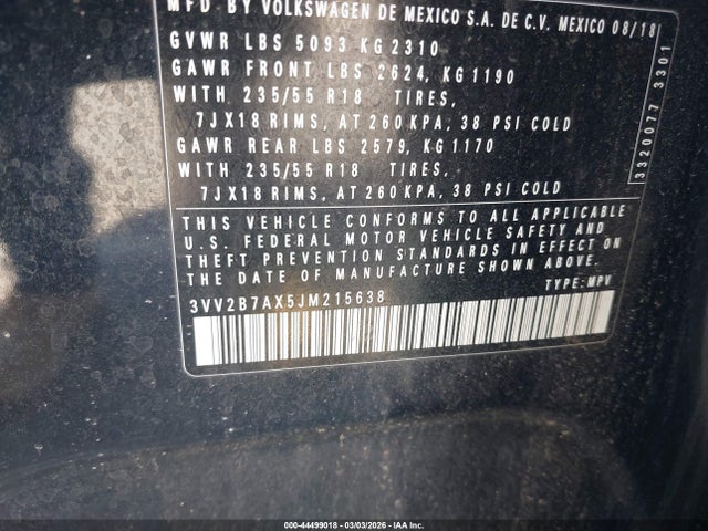 2018 Volkswagen Tiguan 2.0t Se/2.0t Sel მანქანა იყიდება აუქციონზე, vin: 3VV2B7AX5JM215638, აუქციონის ნომერი: 44499018