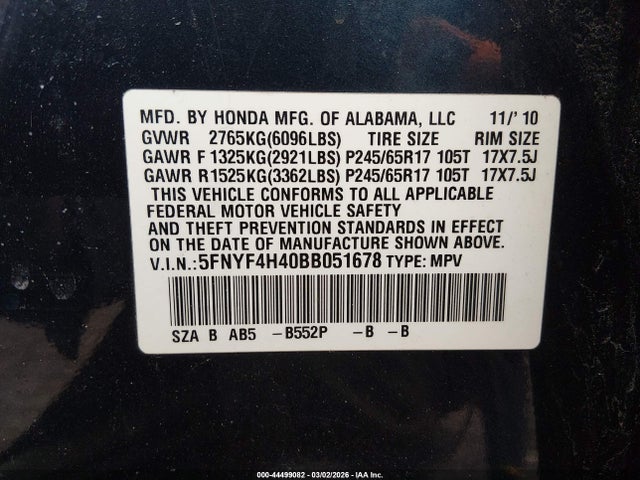 Продажа на аукционе авто 2011 Honda Pilot Ex, vin: 5FNYF4H40BB051678, номер лота: 44499082