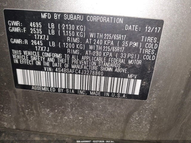 Aukcja sprzedaży 2018 Subaru Outback 2.5i Premium, vin: 4S4BSAFC4J3278860, numer aukcji: 44499087