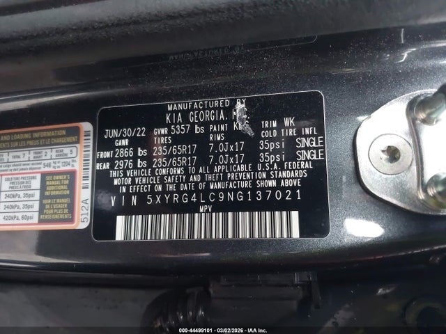 Продажа на аукционе авто 2022 Kia Sorento Lx, vin: 5XYRG4LC9NG137021, номер лота: 44499101
