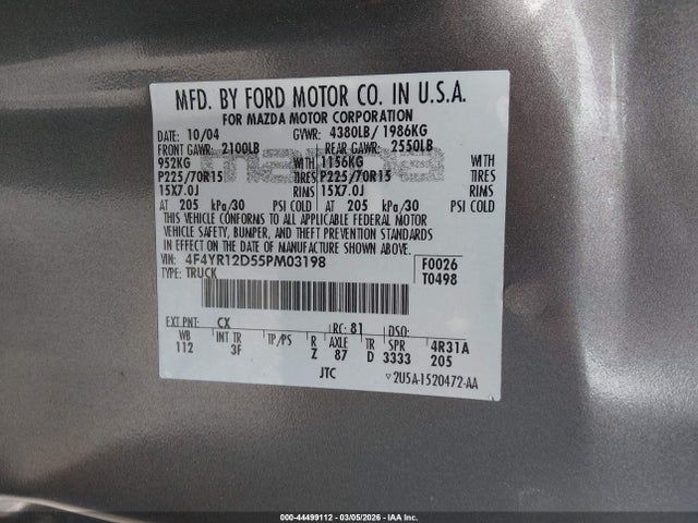 2005 Mazda B2300 მანქანა იყიდება აუქციონზე, vin: 4F4YR12D55PM03198, აუქციონის ნომერი: 44499112